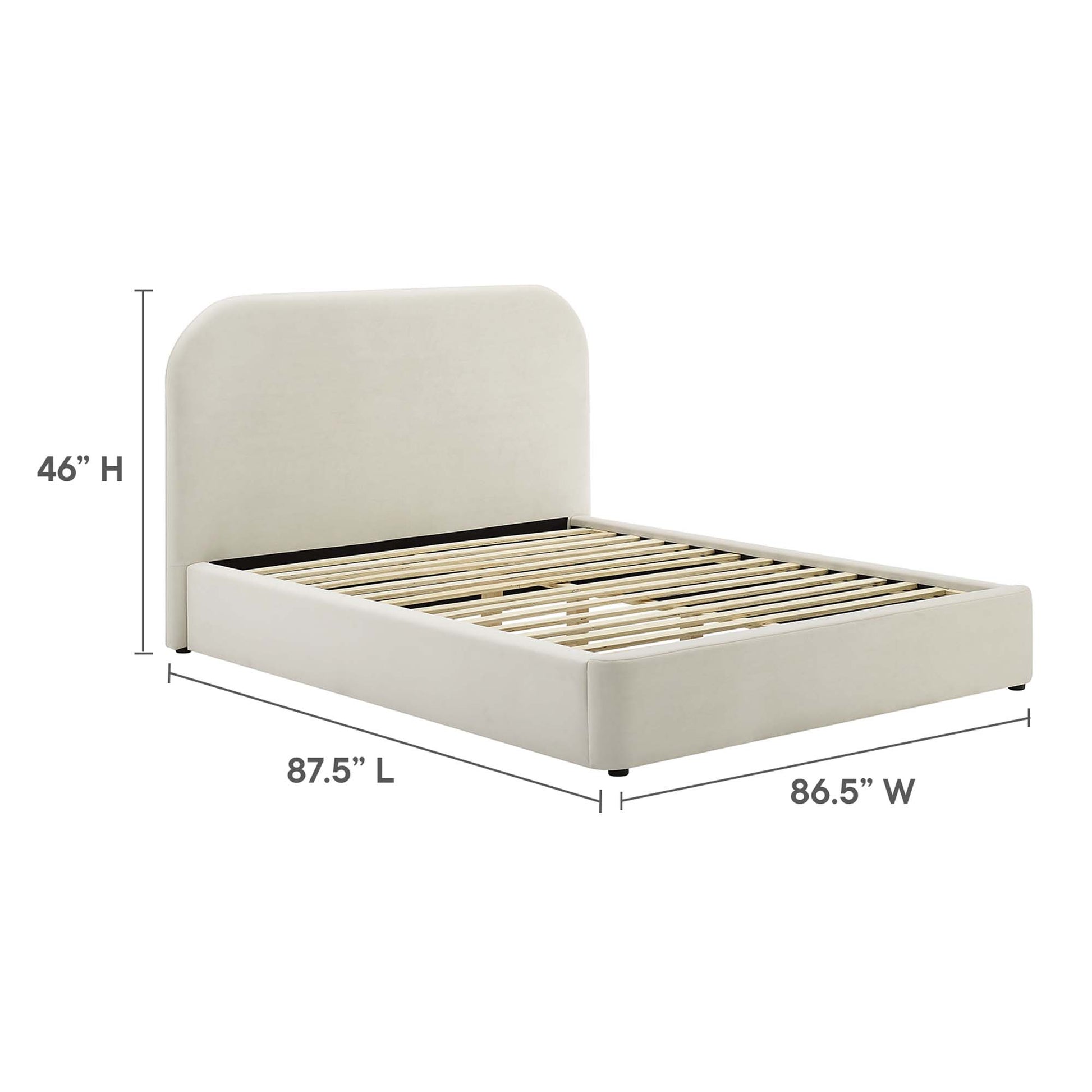 White upholstered king platform bed with a 46" tall curved headboard and slatted base; modern bedroom style.