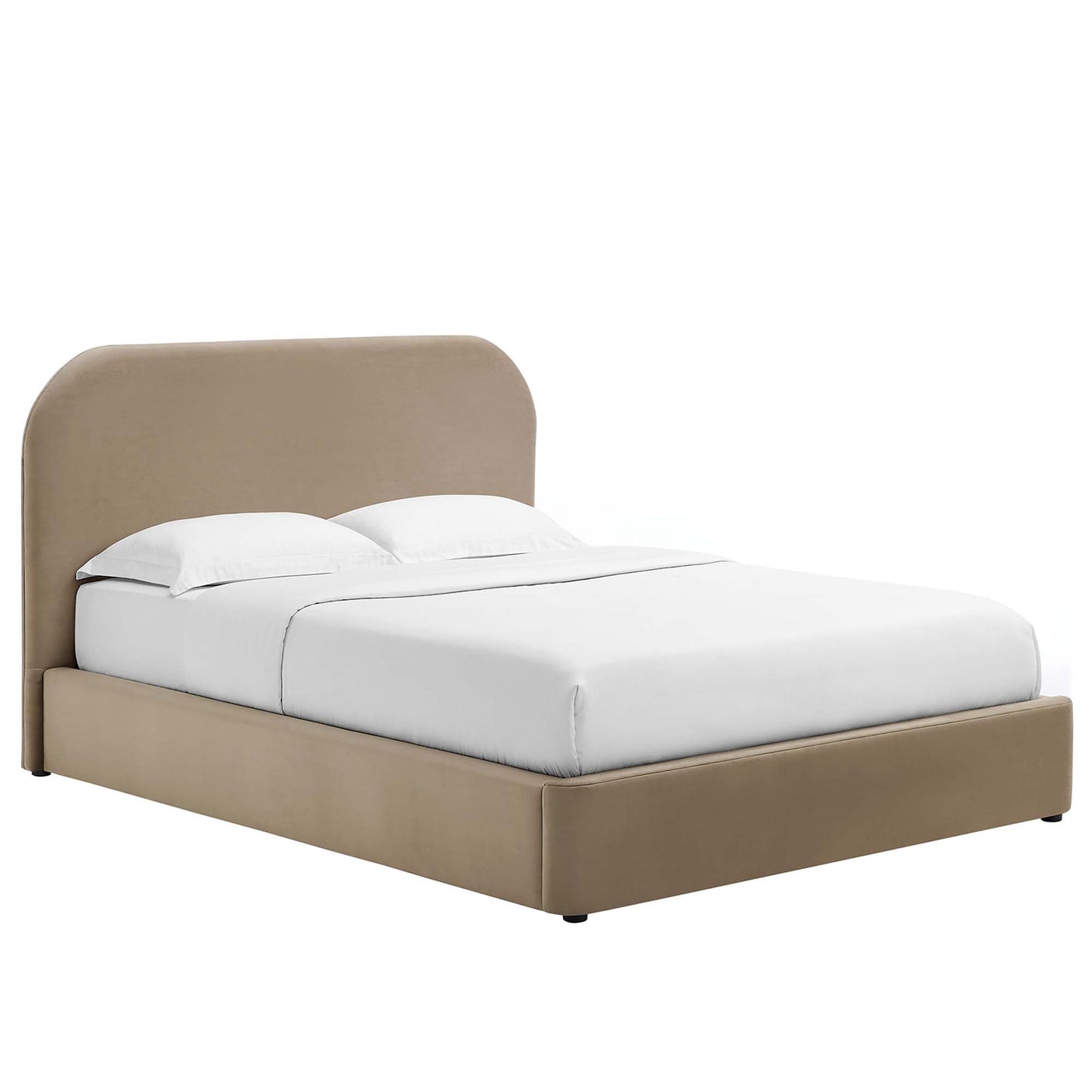 Taupe upholstered king platform bed with curved headboard and low footboard, white bedding.
