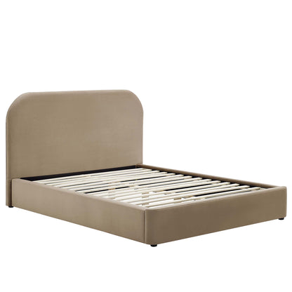 Taupe upholstered platform bed frame with rounded headboard and wooden slat support.