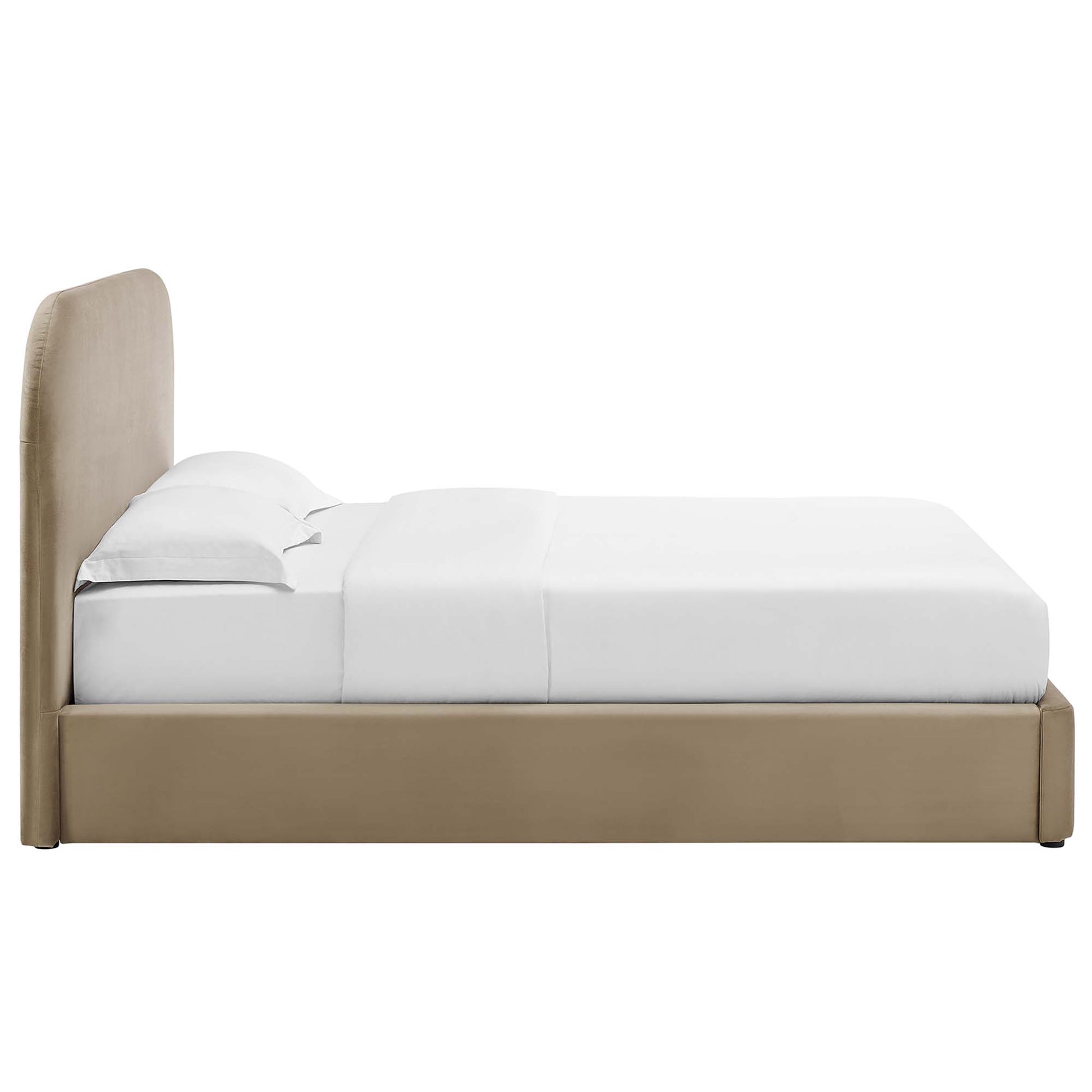 Taupe velvet upholstered king platform bed with a tall curved headboard and white bedding.
