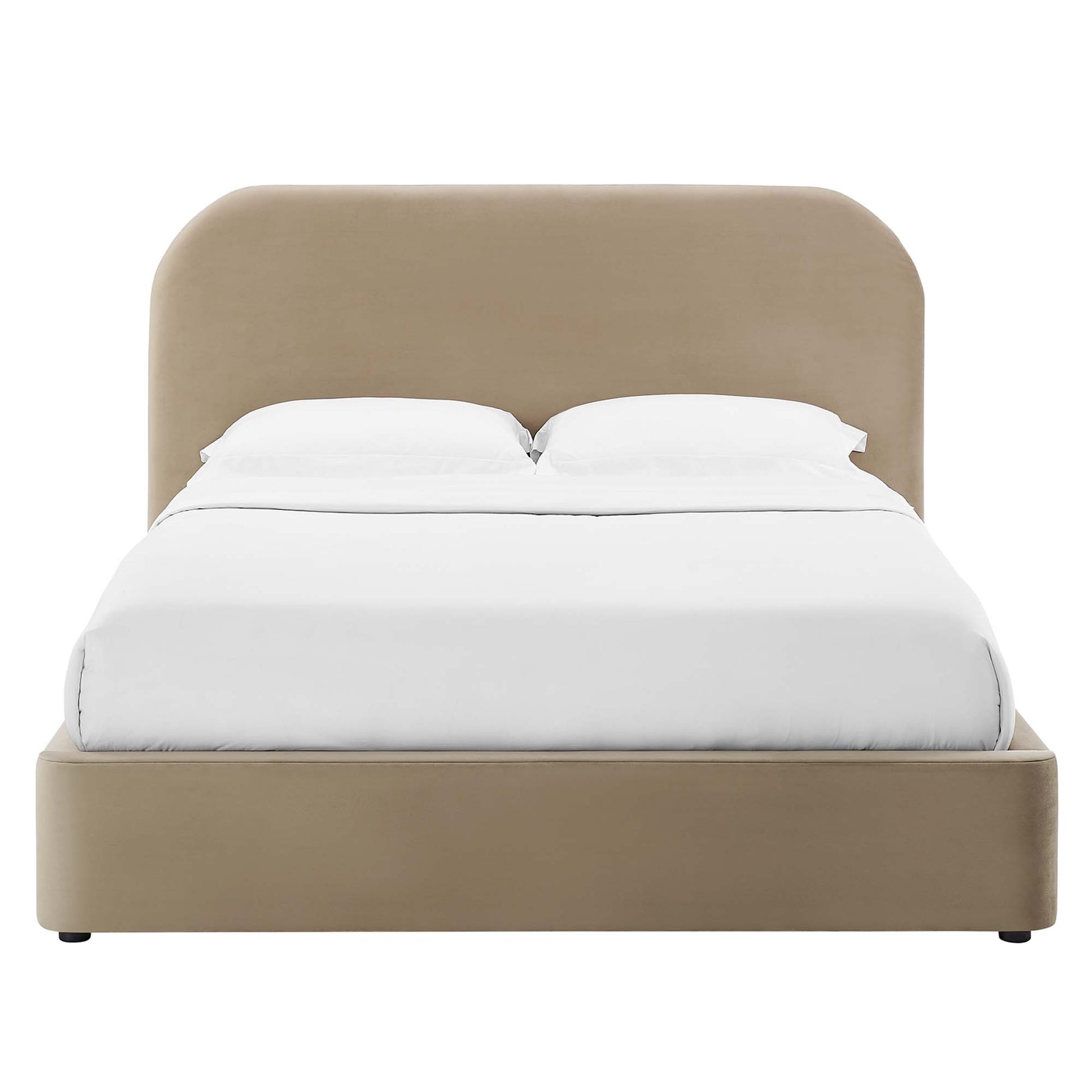 Taupe upholstered bed with rounded tall headboard and low platform base, white bedding.