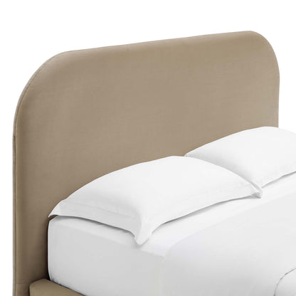 Taupe fabric upholstered headboard with a rounded top for a modern king platform bed.