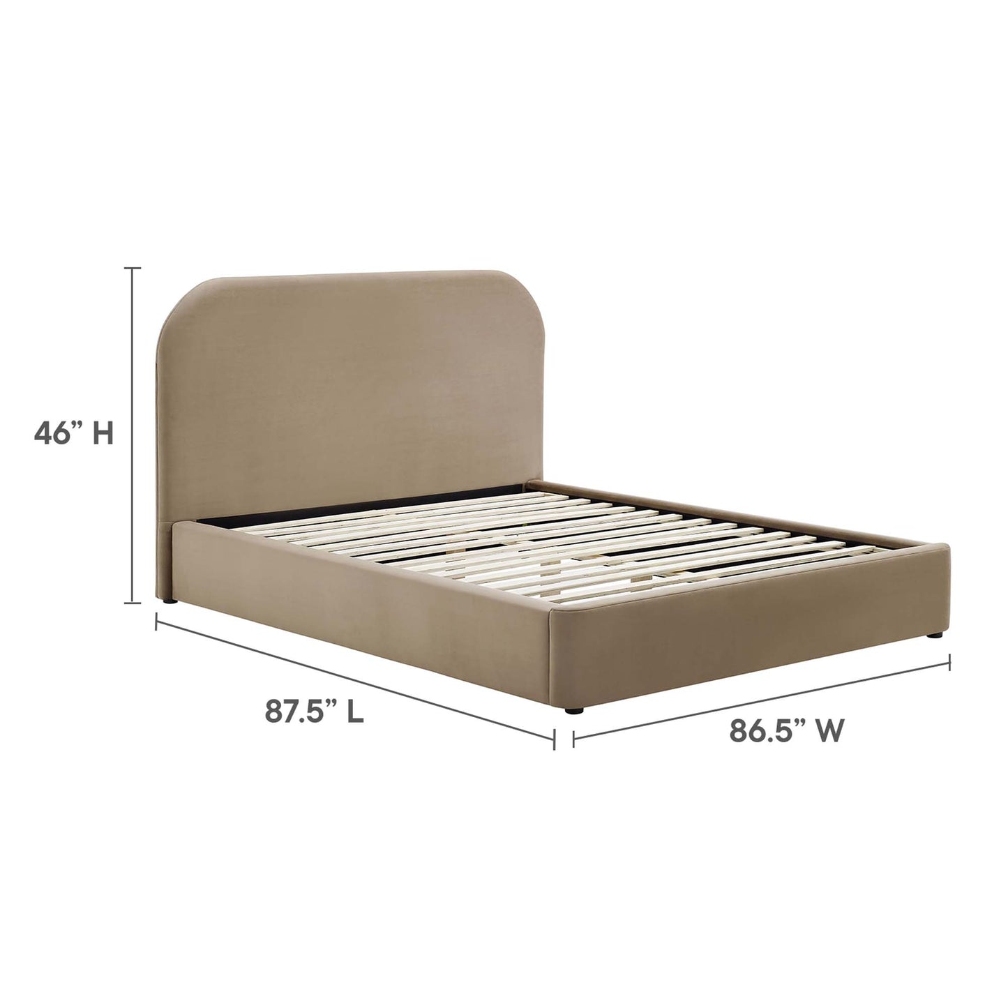 Taupe upholstered platform bed with rounded tall headboard, low footboard, and wood slat base; modern bedroom centerpiece.