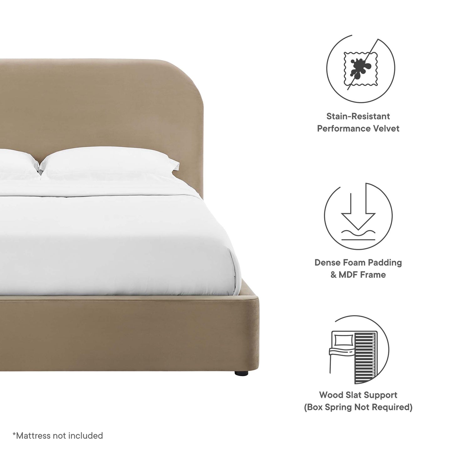 Taupe velvet upholstered bed with curved headboard & white bedding; dense foam padding, MDF frame, wood slat support.