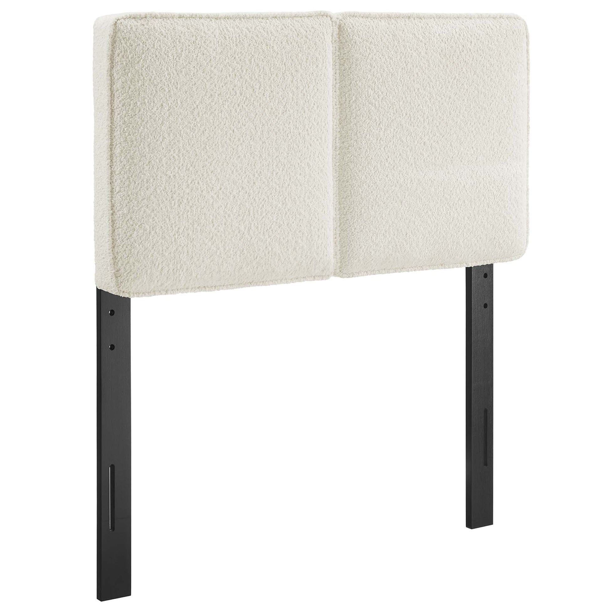 Yellow boucle fabric twin headboard with two panels and black metal legs, modern industrial style.