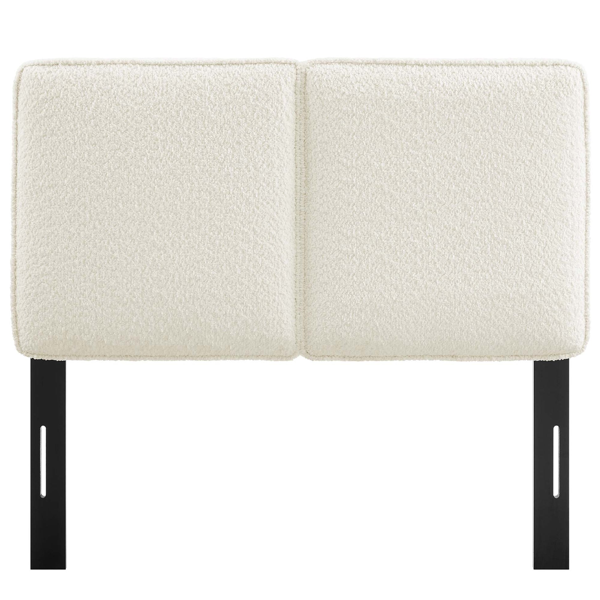 Cream boucle two-panel headboard with black metal mounting brackets for bed frame, modern bedroom decor.