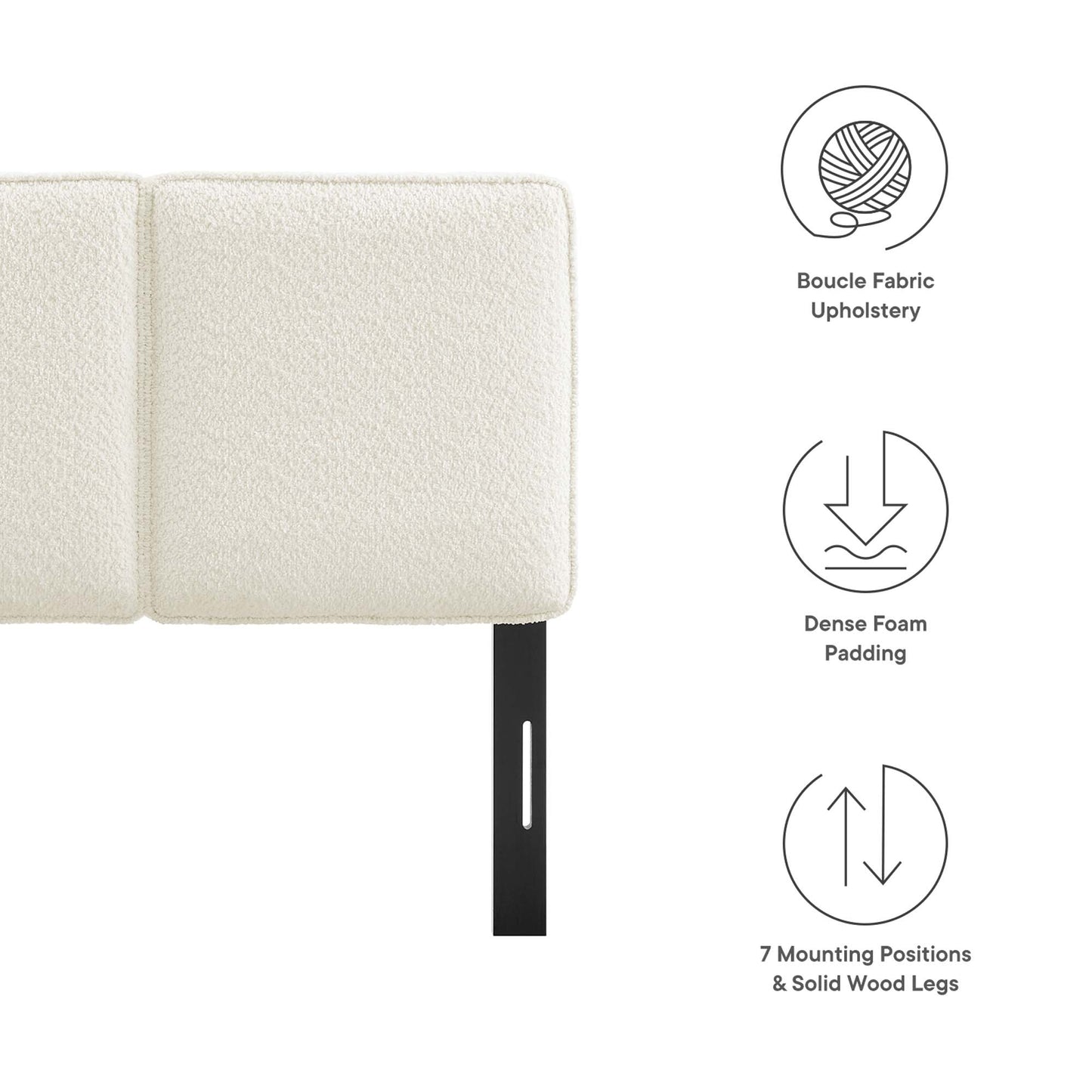Yellow boucle fabric twin headboard with padded panel & dense foam padding; black mounting hardware; 7 positions; solid wood legs.
