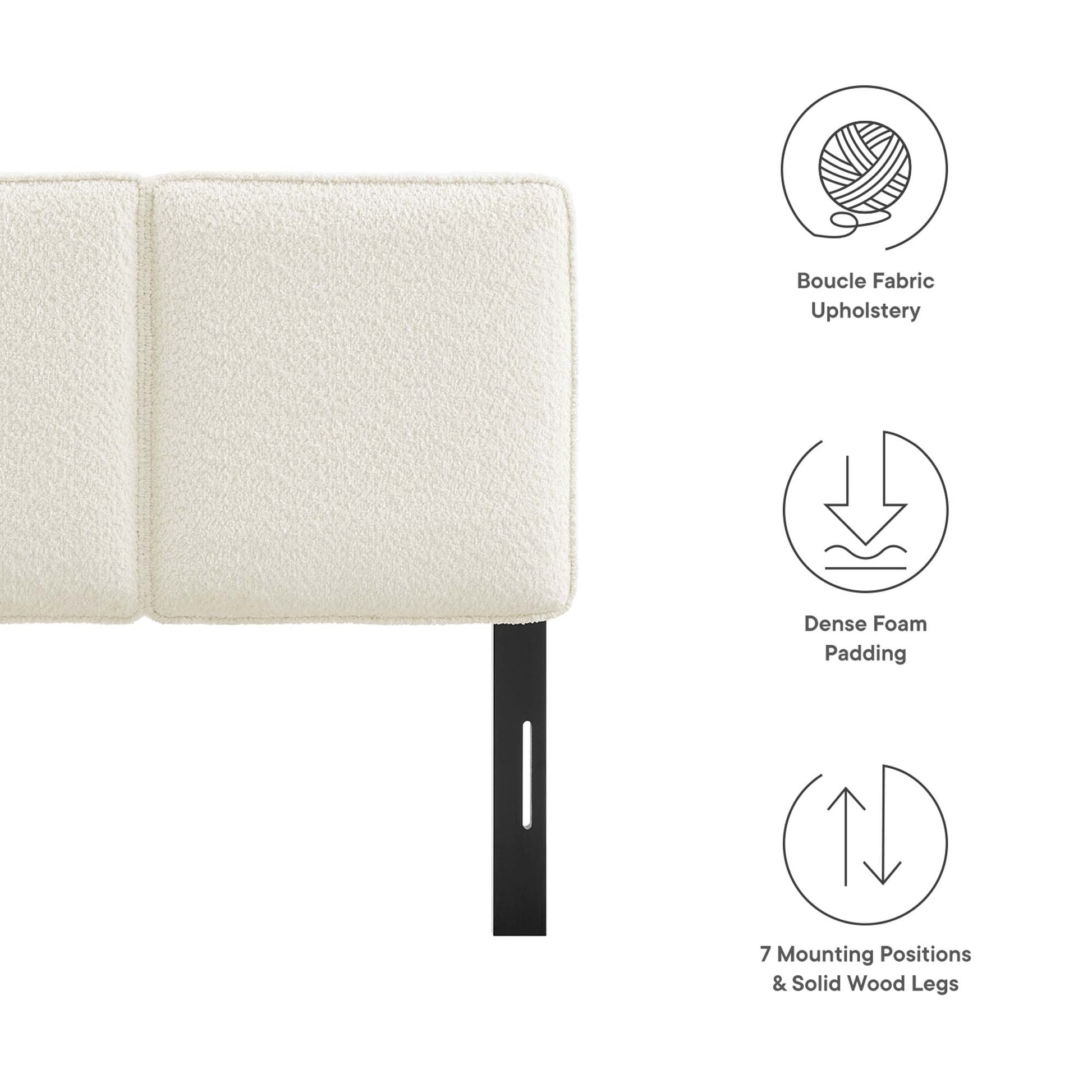 Yellow boucle fabric twin headboard with padded panel & dense foam padding; black mounting hardware; 7 positions; solid wood legs.