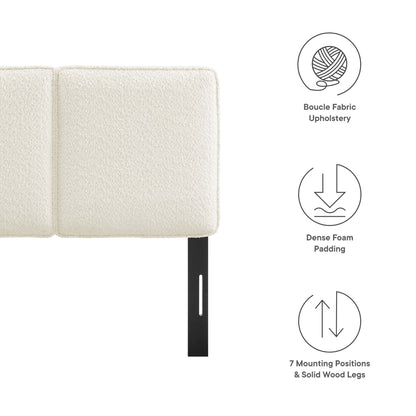 Yellow boucle fabric twin headboard with padded panel & dense foam padding; black mounting hardware; 7 positions; solid wood legs.
