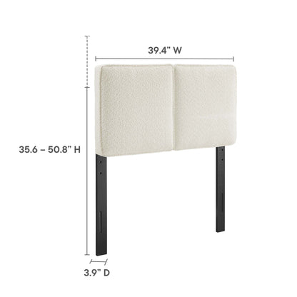Yellow boucle upholstered two-panel twin headboard with black metal legs; adjustable height 35.6–50.8 in, 39.4 in wide, 3.9 in deep.