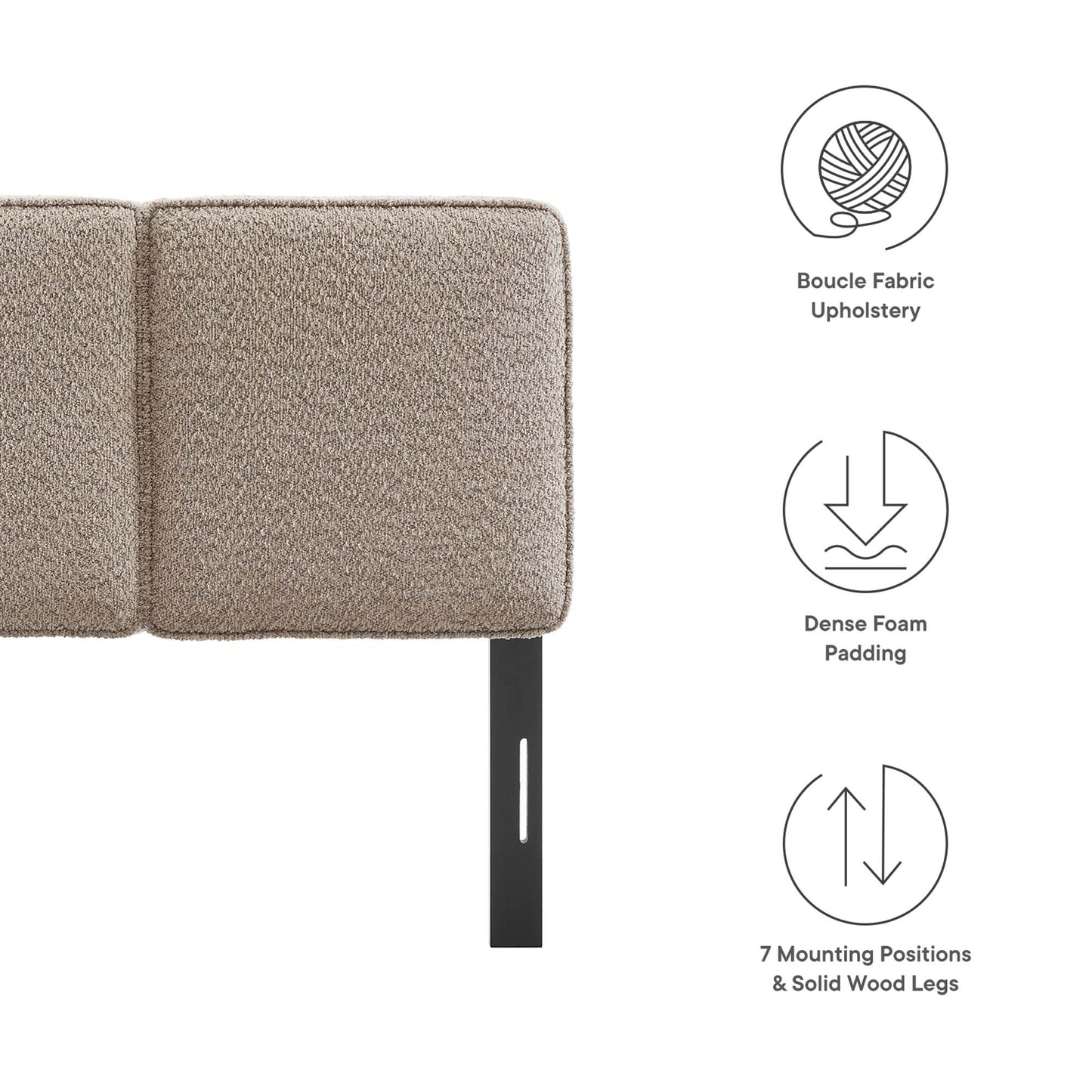 Brown boucle fabric twin headboard with padded foam.