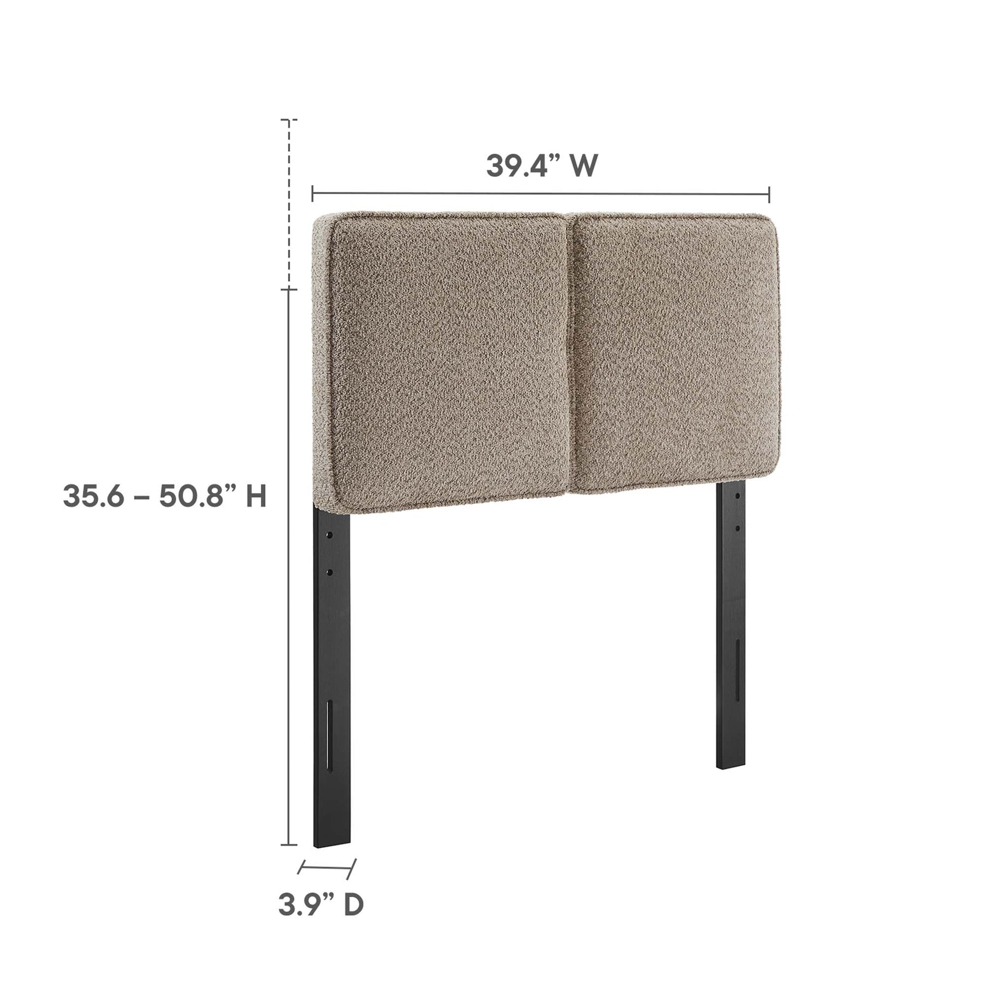 Oat fabric upholstered two-panel headboard with black metal legs; industrial style, 39.4"W x 35.6–50.8"H x 3.9"D