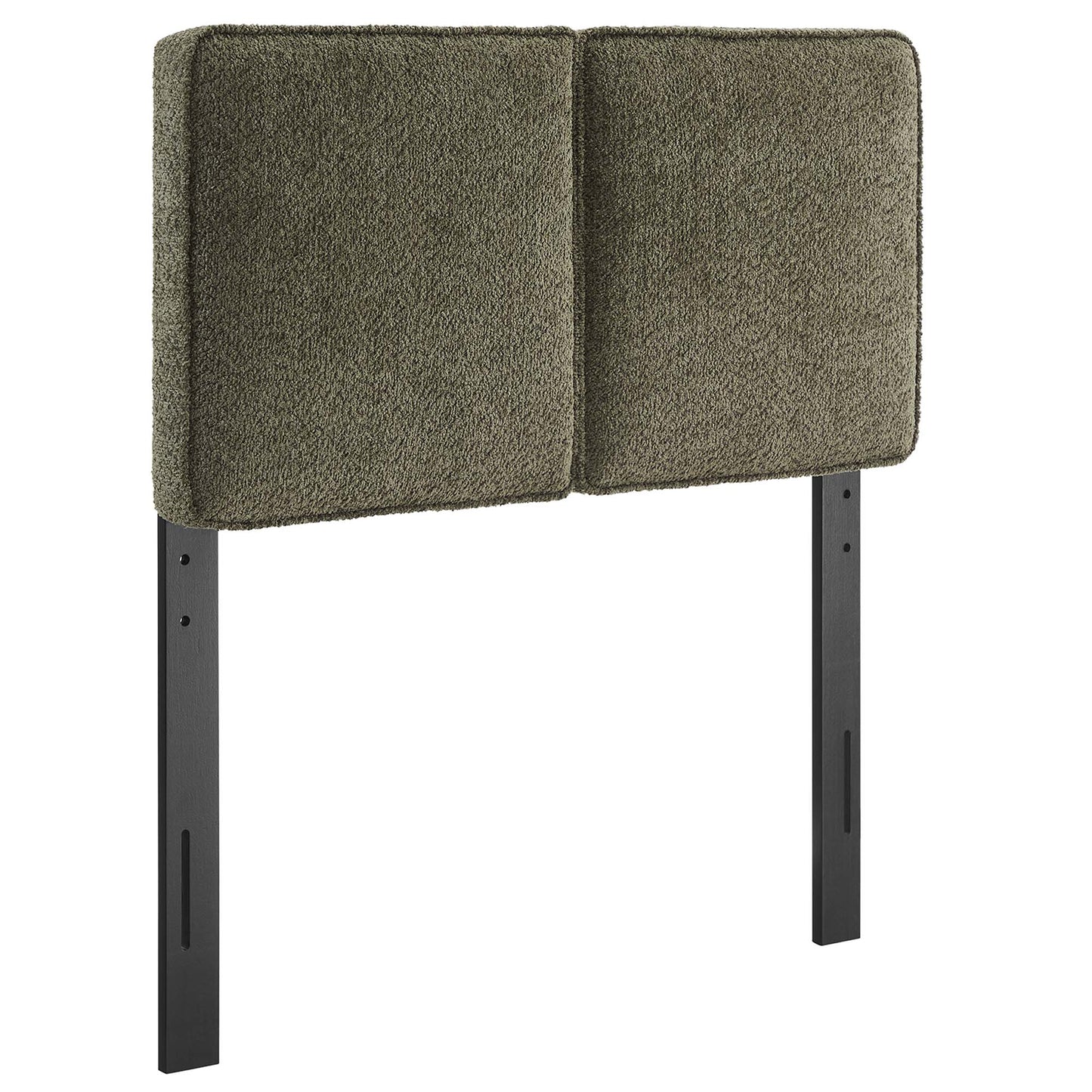 Two green padded boucle fabric panels form a twin headboard on a black metal frame.