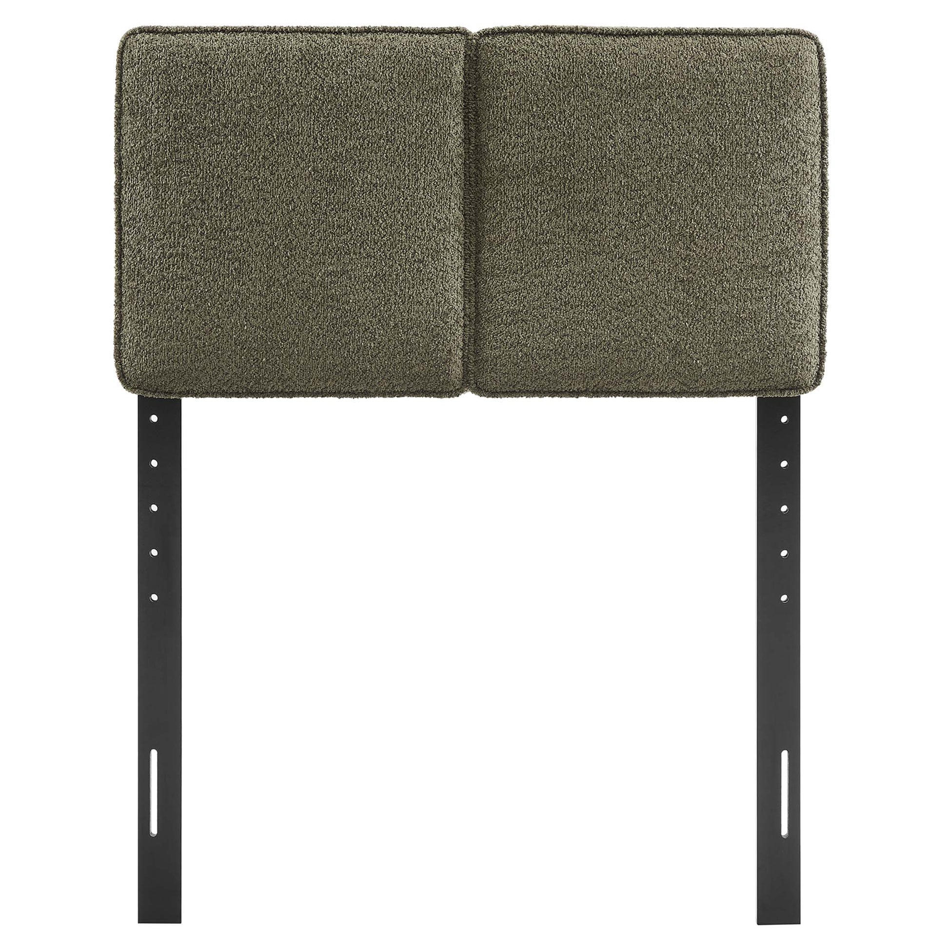 Two olive-green boucle fabric cushions form a twin headboard, joined side by side on black metal posts with adjustable height.