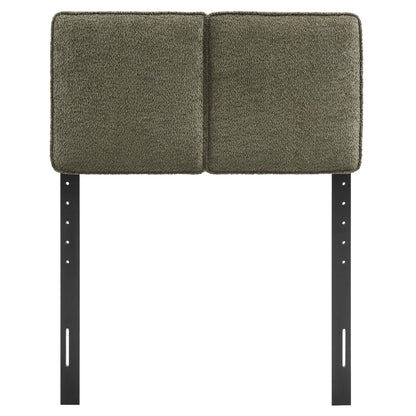 Two olive-green boucle fabric cushions form a twin headboard, joined side by side on black metal posts with adjustable height.