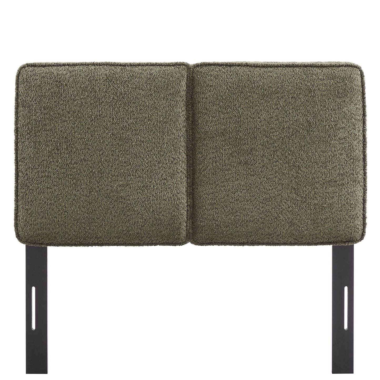 Olive green textured twin headboard with a square cushioned panel on a dark metal frame.