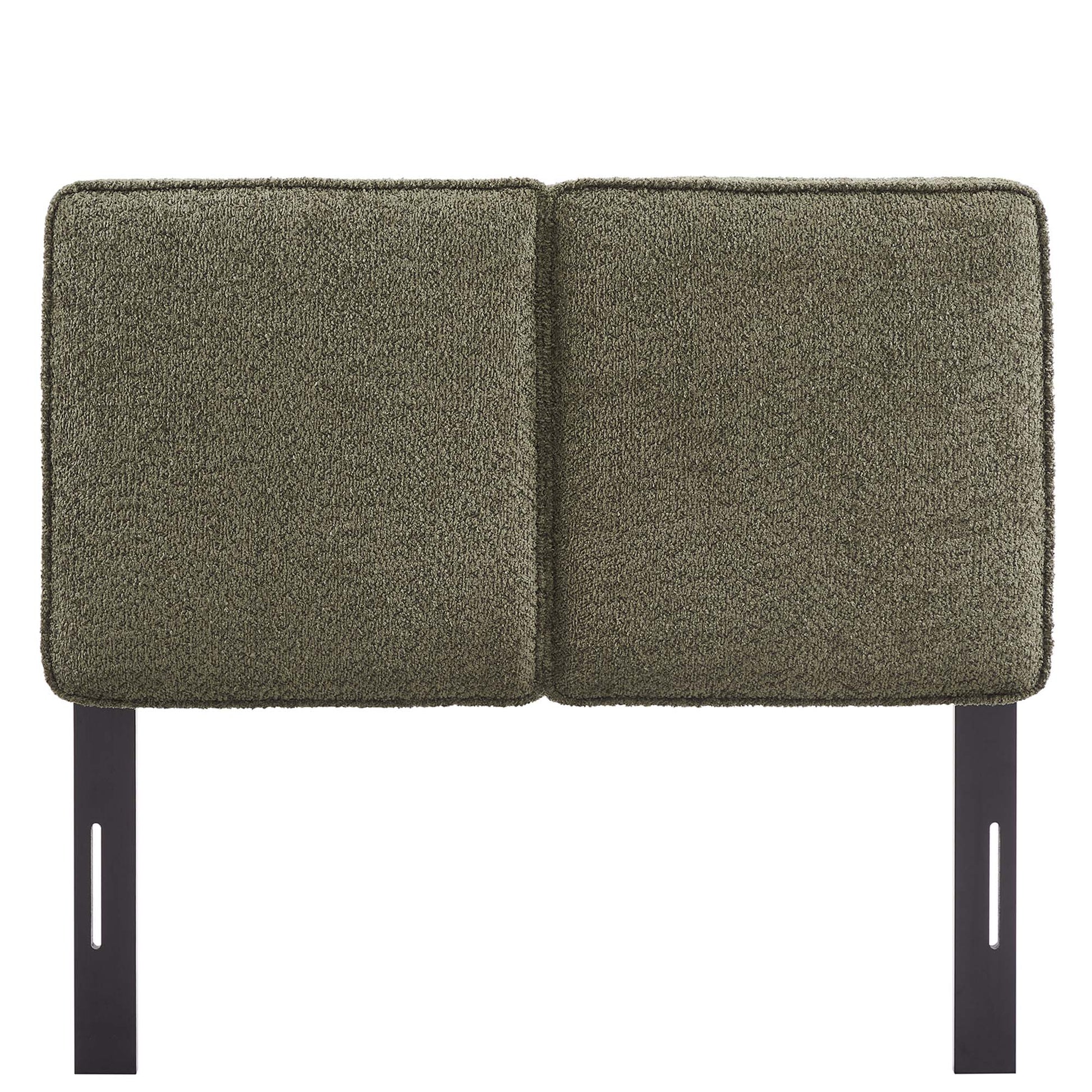 Olive green textured twin headboard with a square cushioned panel on a dark metal frame.