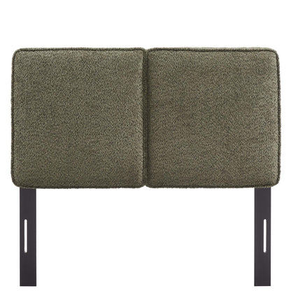 Olive green textured twin headboard with a square cushioned panel on a dark metal frame.