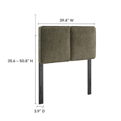 Green boucle fabric twin headboard, two-panel upholstered on black metal legs; adjustable height, 39.4"W x 3.9"D.