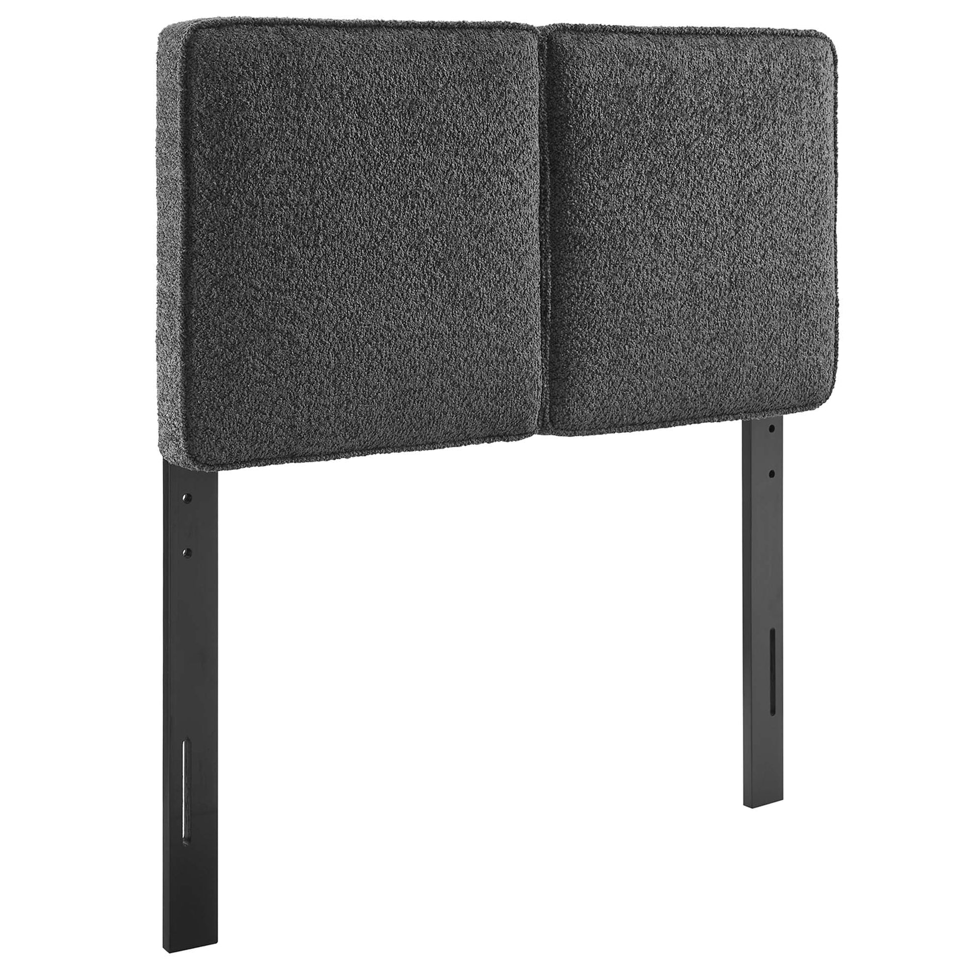 Dark gray padded fabric twin headboard with two square cushions