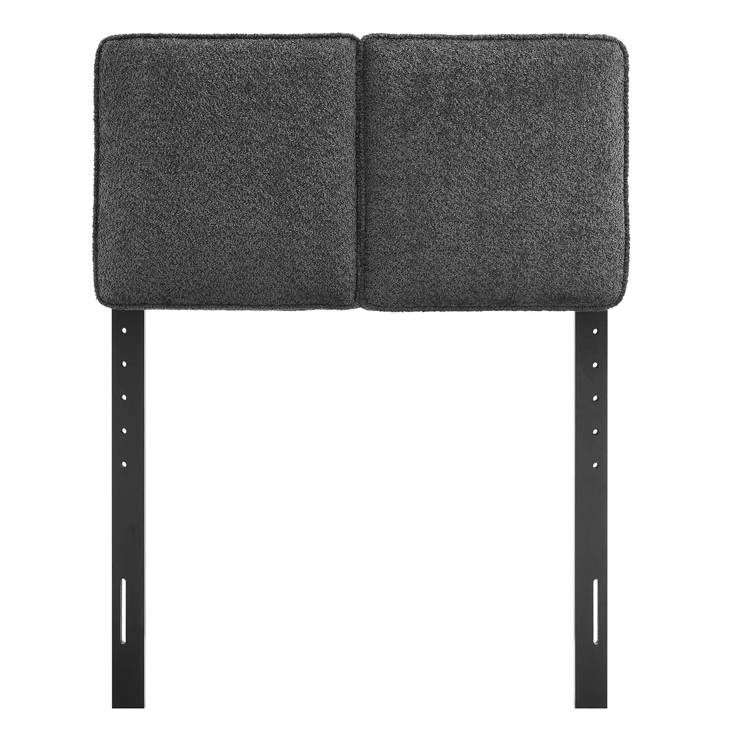 Gray boucle fabric twin headboard with a two-panel split design.