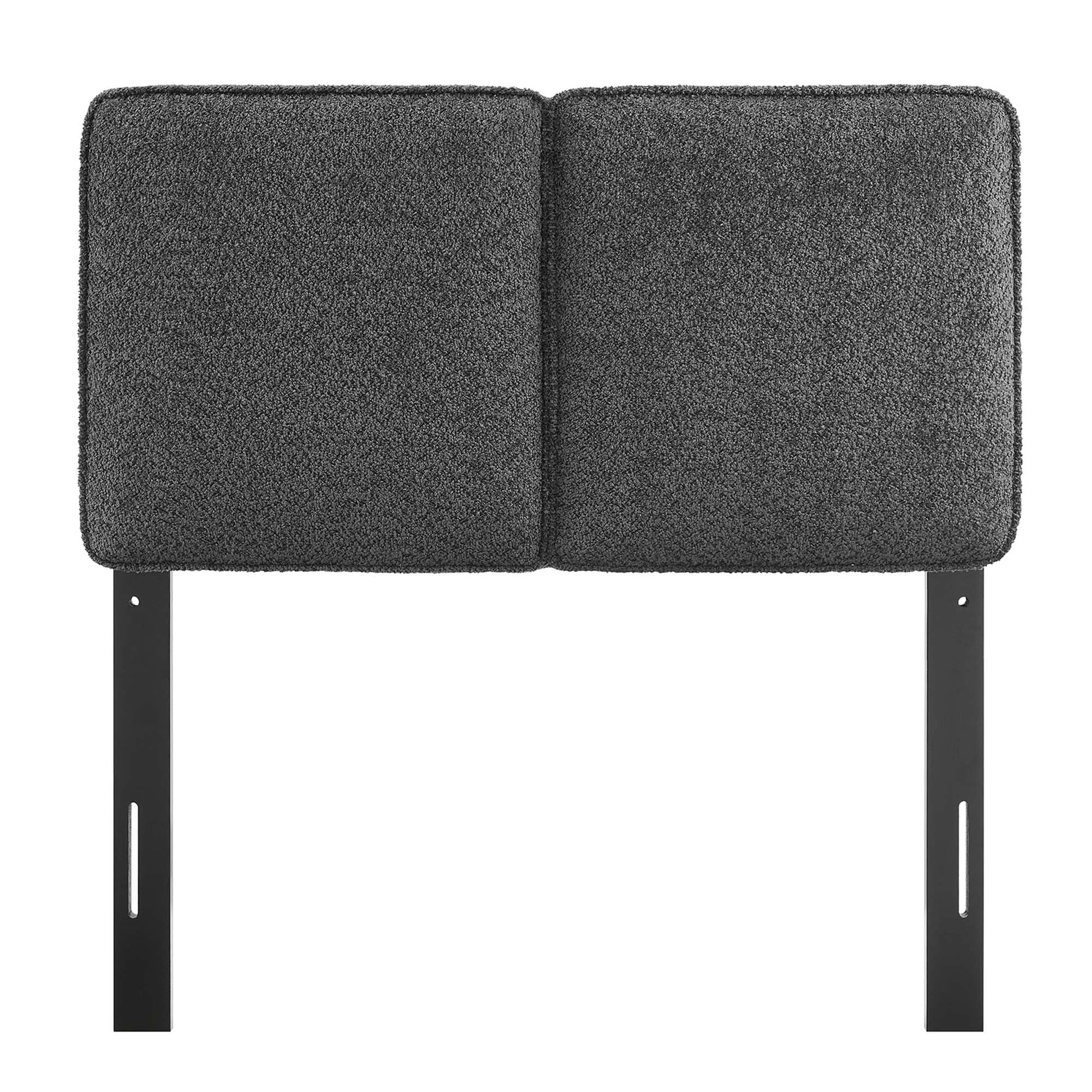 Dark gray boucle fabric twin headboard with an upholstered panel mounted to black metal posts.