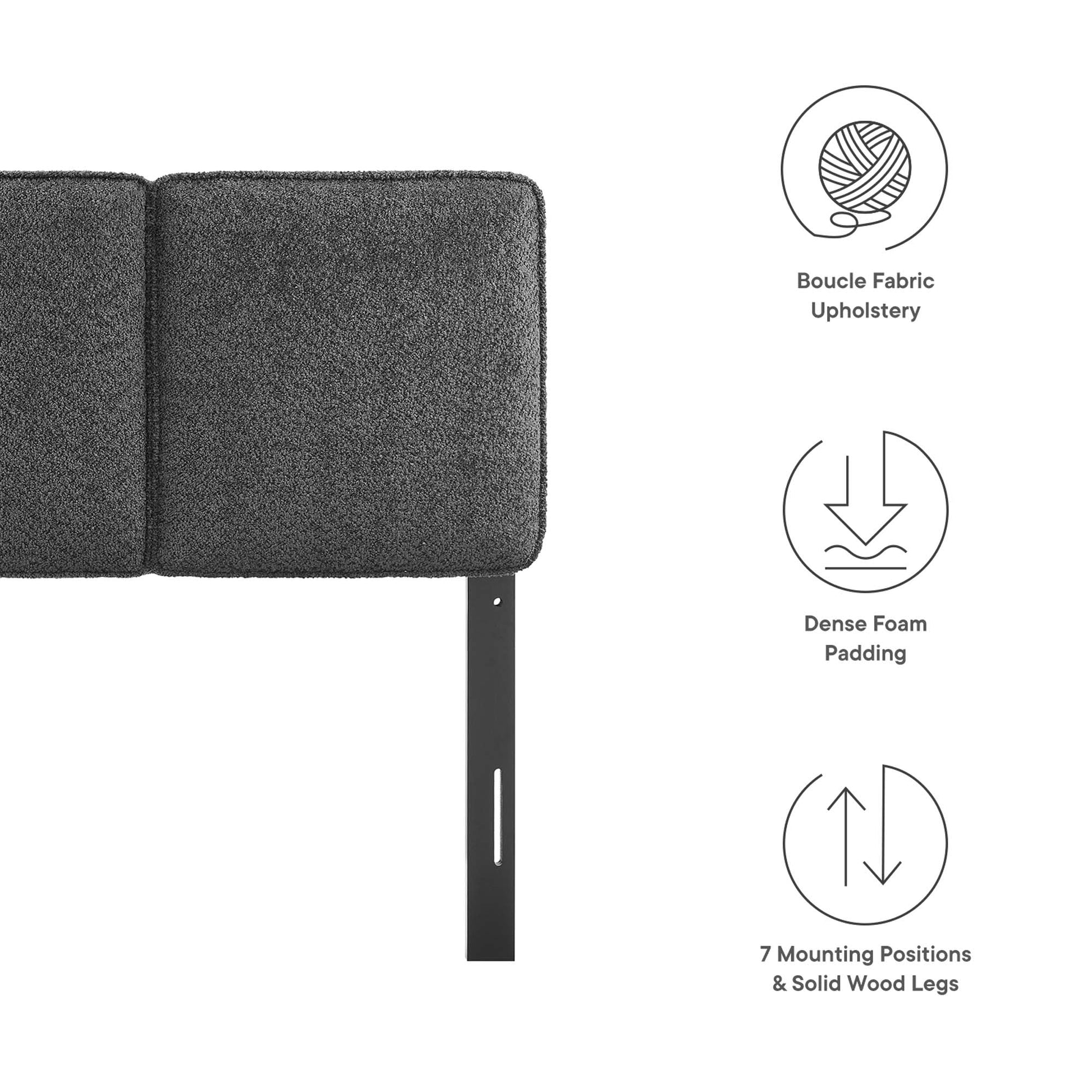 Twin headboard in dark gray boucle fabric with a padded panel.