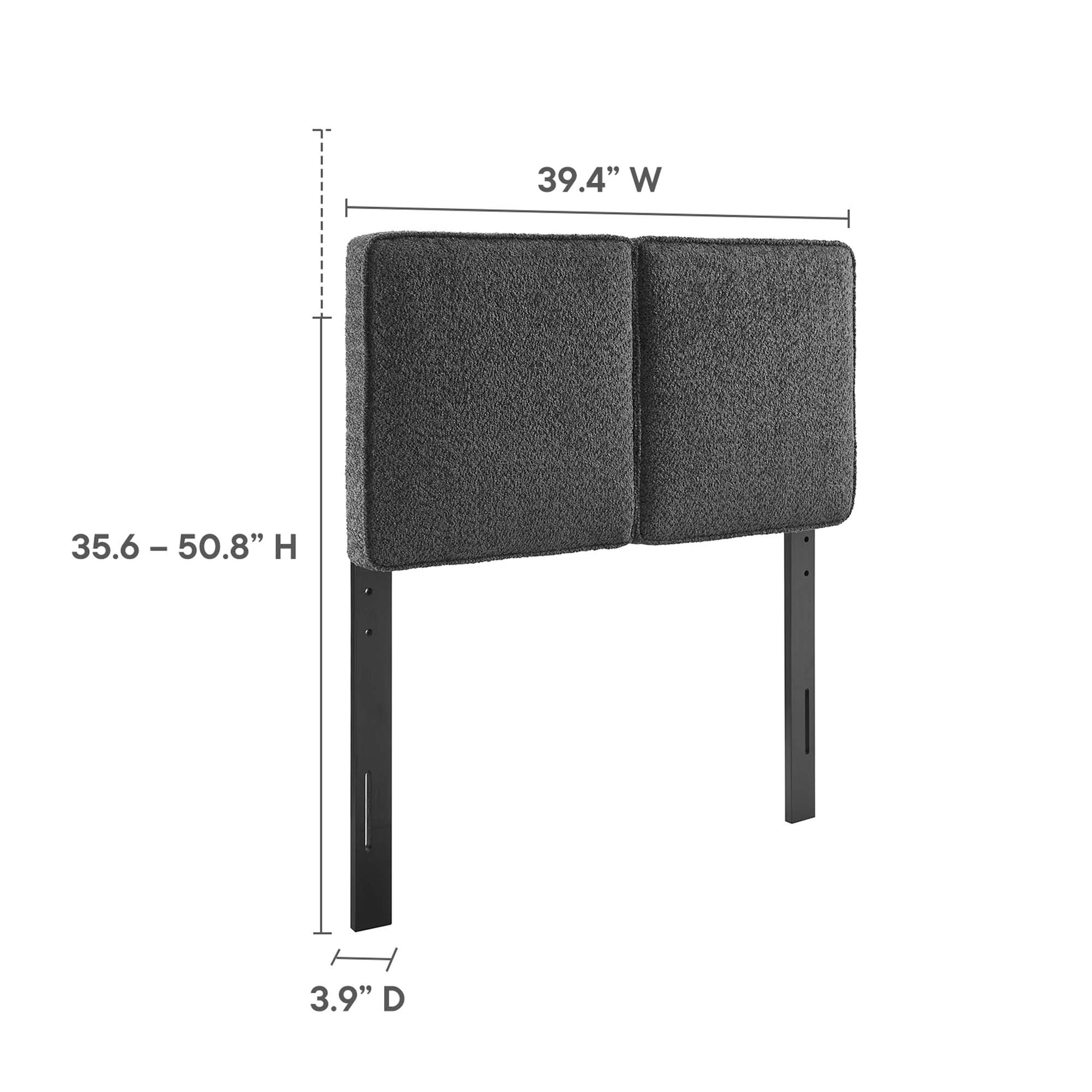 Dark gray upholstered dual-panel headboard with black metal legs; 39.4" W, height 35.6-50.8" H, 3.9" D.