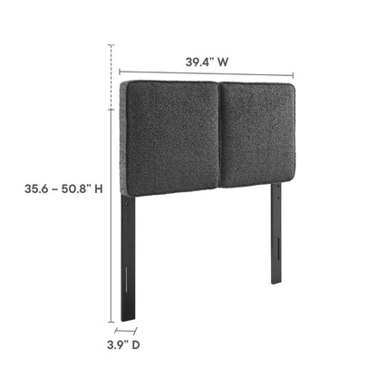 Dark gray upholstered dual-panel headboard with black metal legs; 39.4" W, height 35.6-50.8" H, 3.9" D.