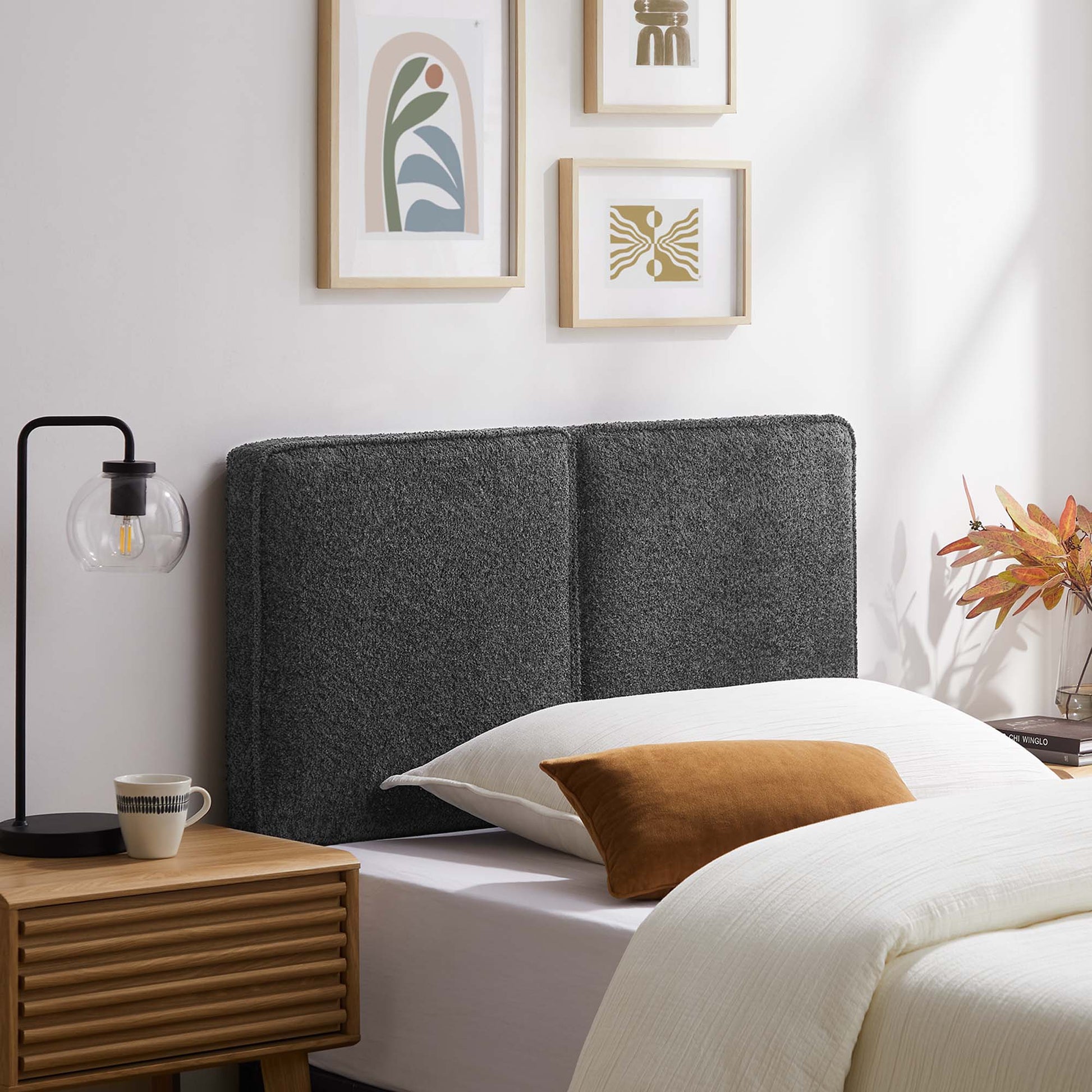 Grey boucle fabric twin headboard.