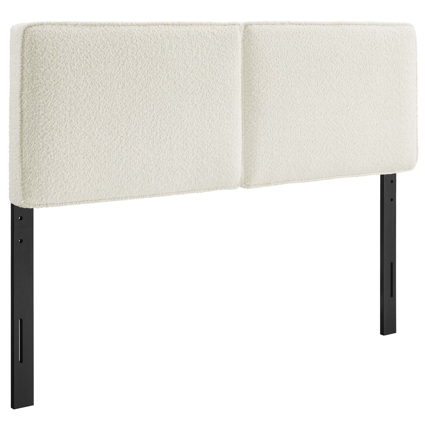 Cream boucle two-panel freestanding upholstered headboard with black metal legs for a modern minimalist bedroom.