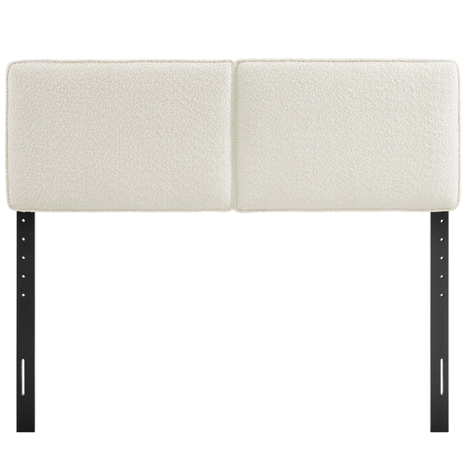 Brown two-panel upholstered queen headboard with black metal posts for a bed frame.