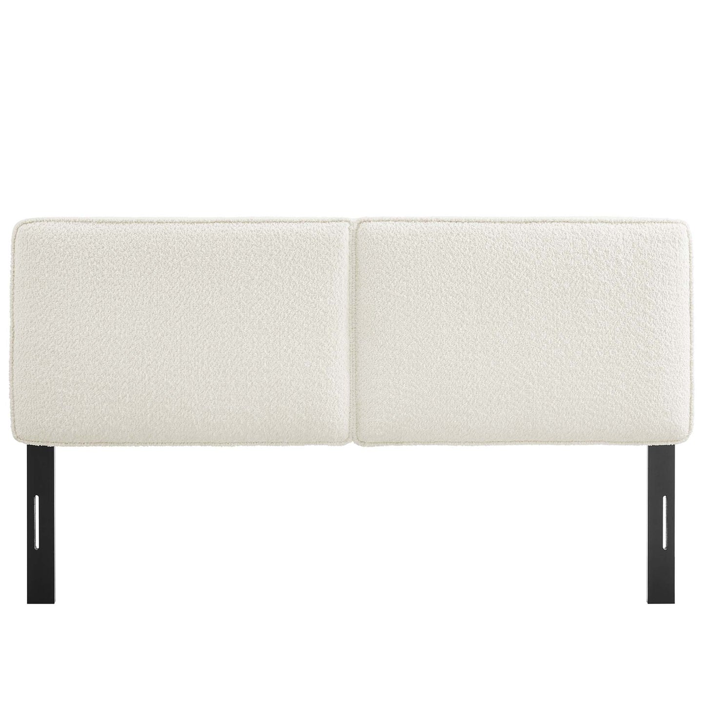 Brown boucle fabric two-panel queen headboard for bed.