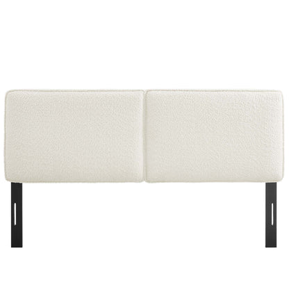 Brown boucle fabric two-panel queen headboard for bed.
