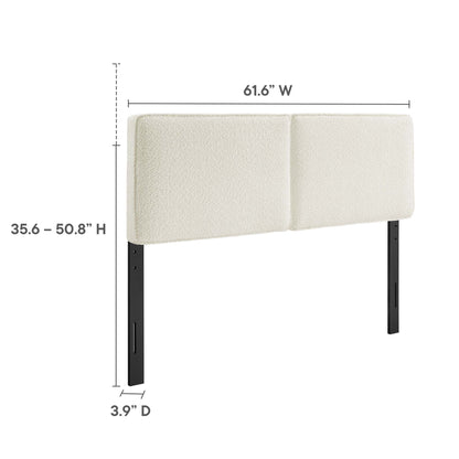 Brown boucle fabric 2-panel queen headboard on black metal legs; adjustable height 35.6–50.8 in, 61.6 in wide.