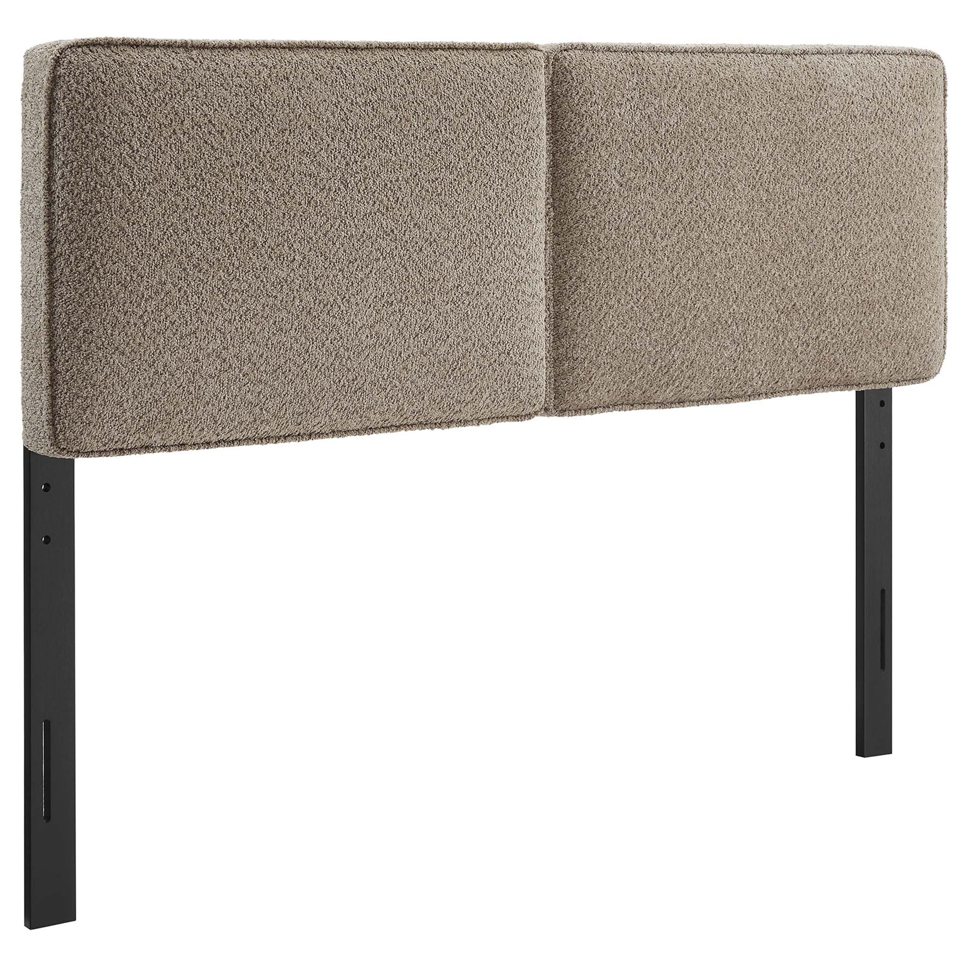 Brown boucle fabric two-panel upholstered headboard with black metal legs.