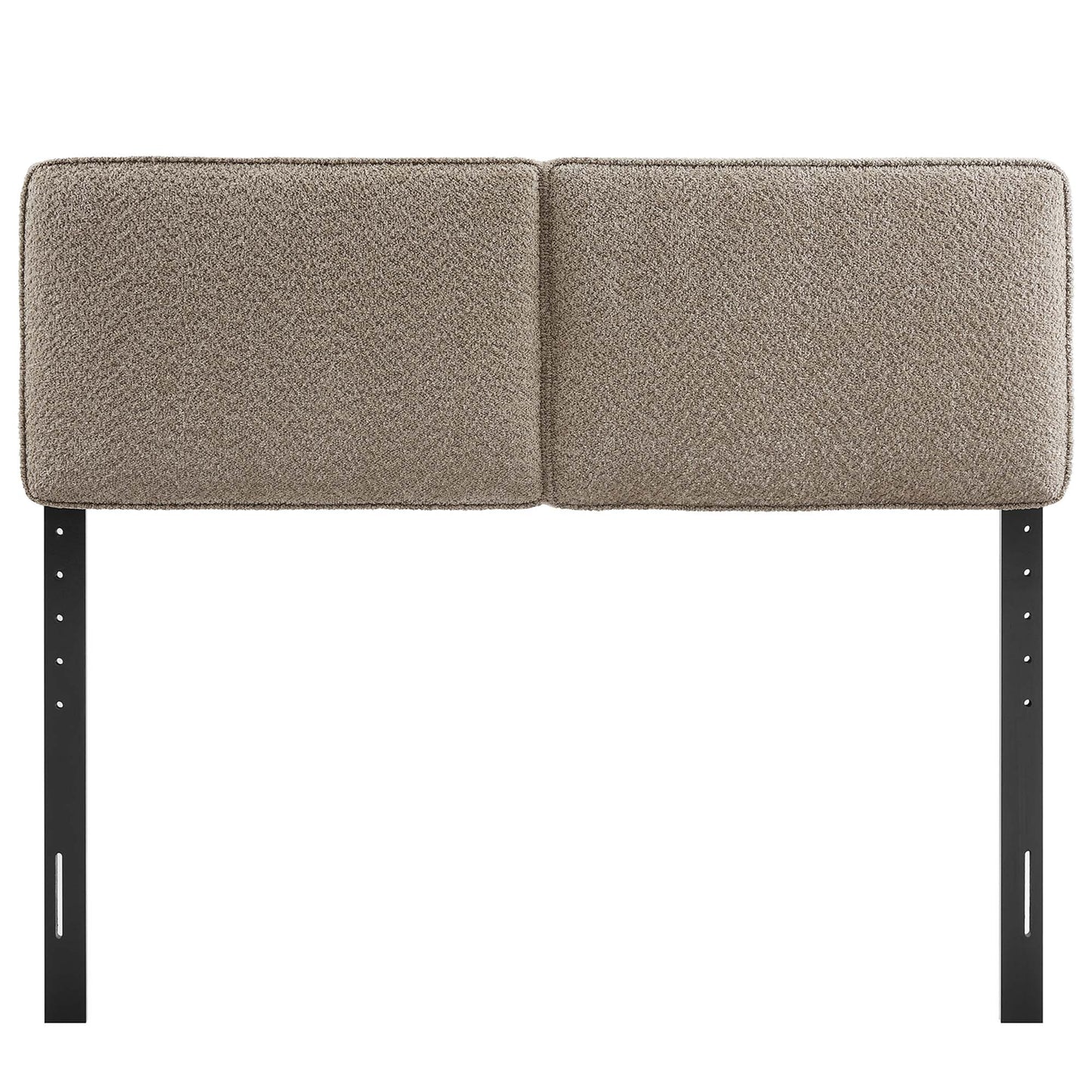 Oatmeal textured fabric 2-panel headboard on black metal posts, modern industrial bed accessory