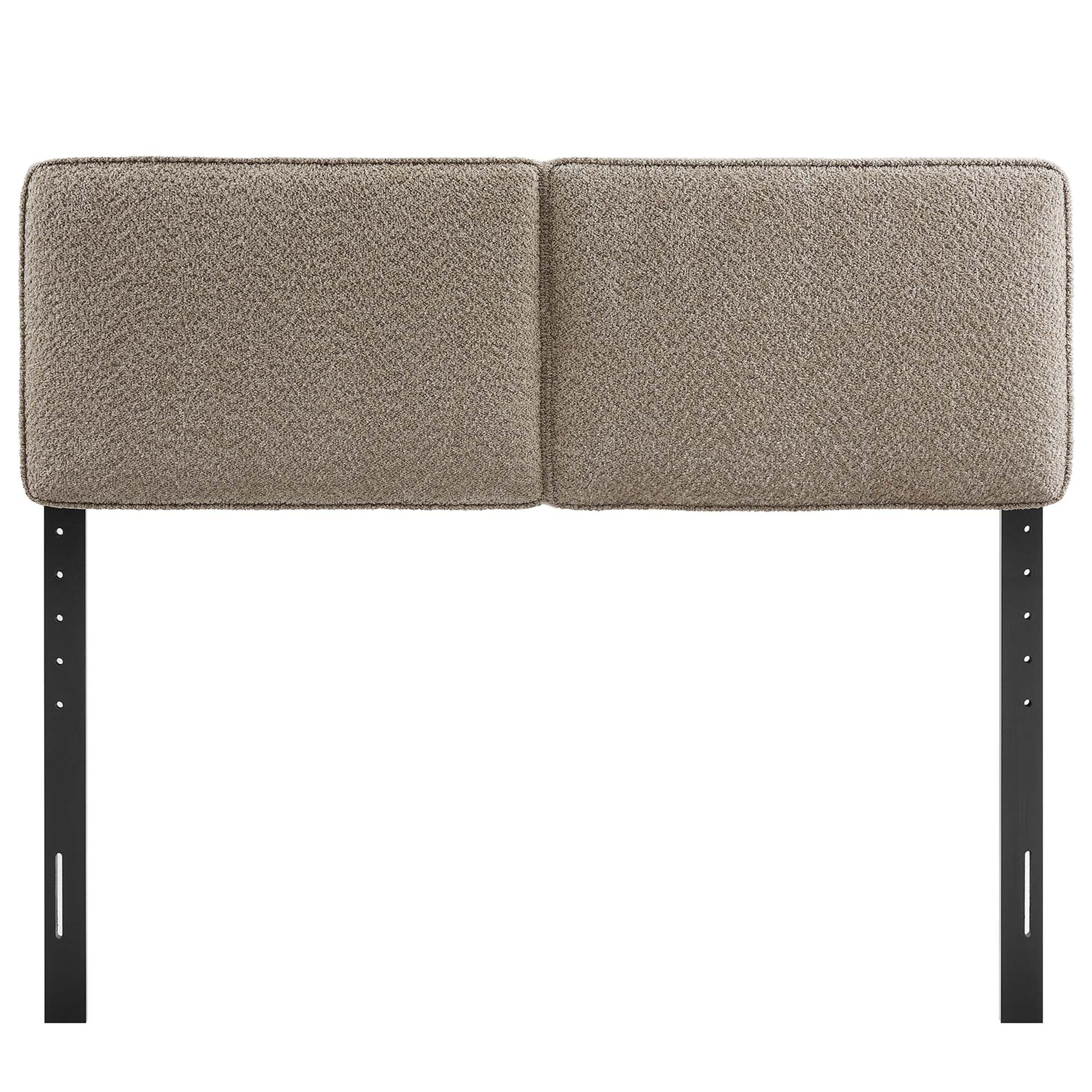 Oatmeal textured fabric 2-panel headboard on black metal posts, modern industrial bed accessory
