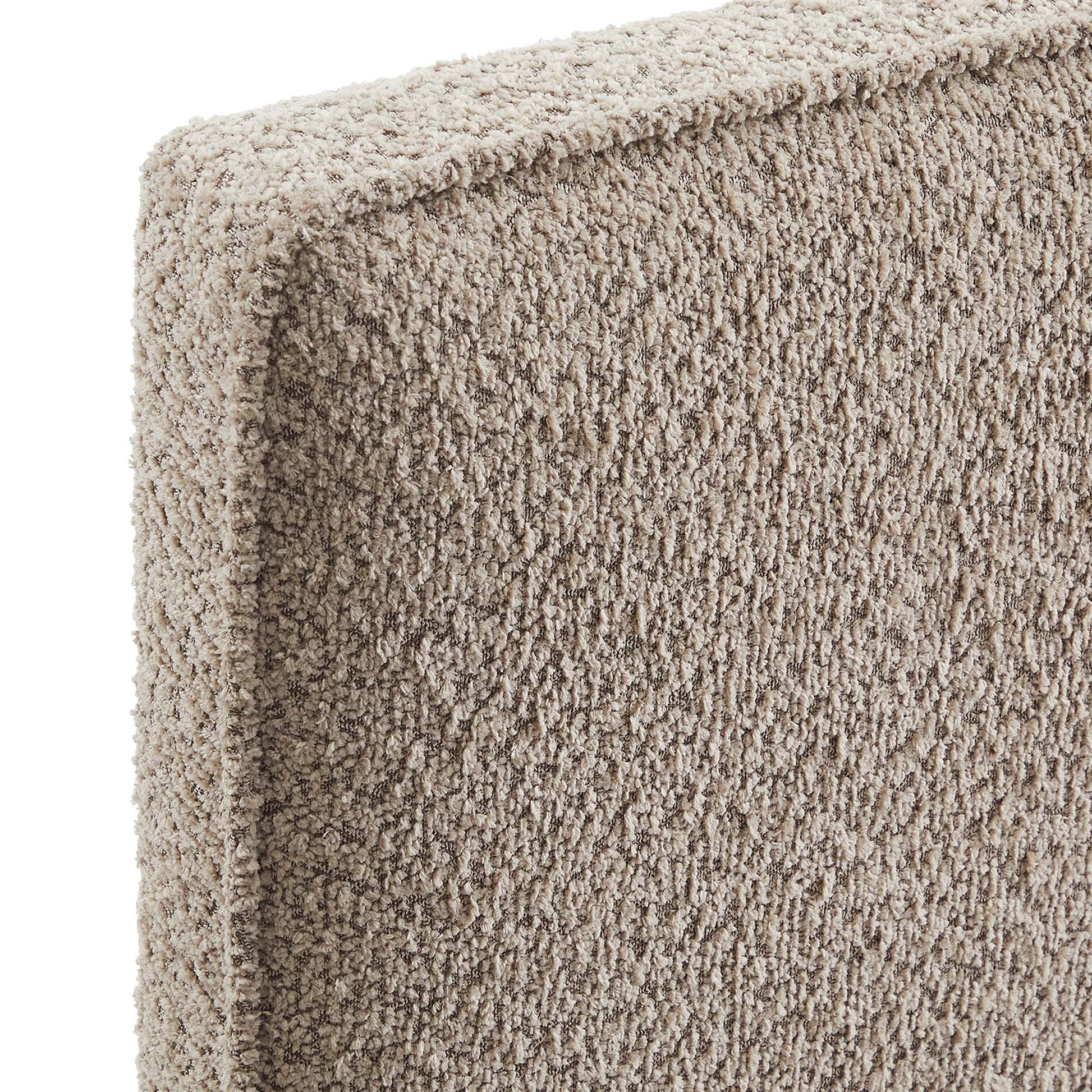 Brown boucle fabric queen headboard; rectangular, upholstered bedroom headboard.