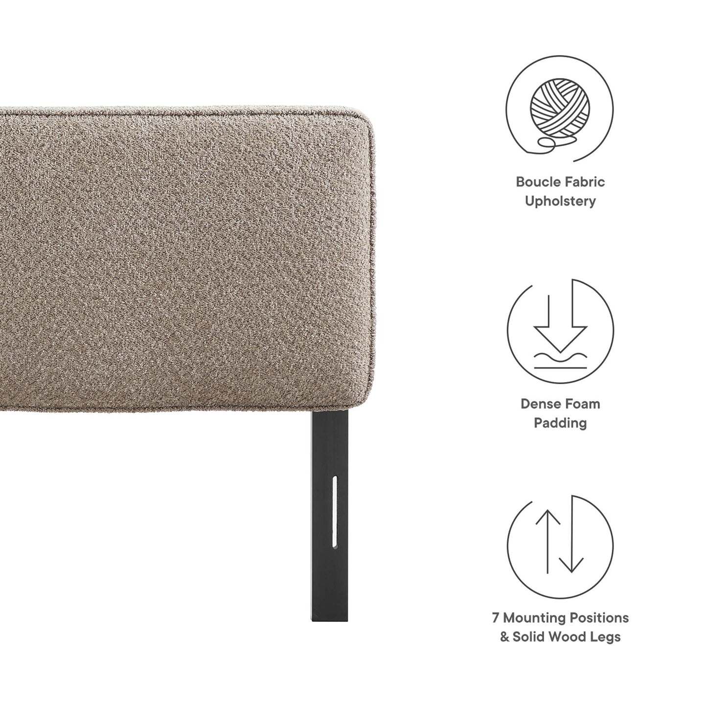 Oatmeal boucle fabric upholstered queen headboard with a softly padded, modern design.