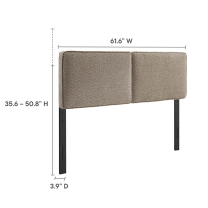 Oat fabric double-panel upholstered bed headboard with black metal legs; adjustable height, queen size.