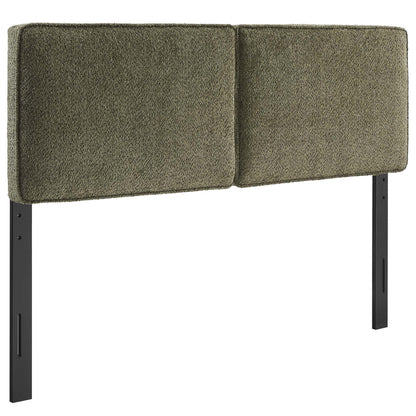 Olive green padded fabric headboard with two rectangular panels & black metal legs, modern bedroom furniture.