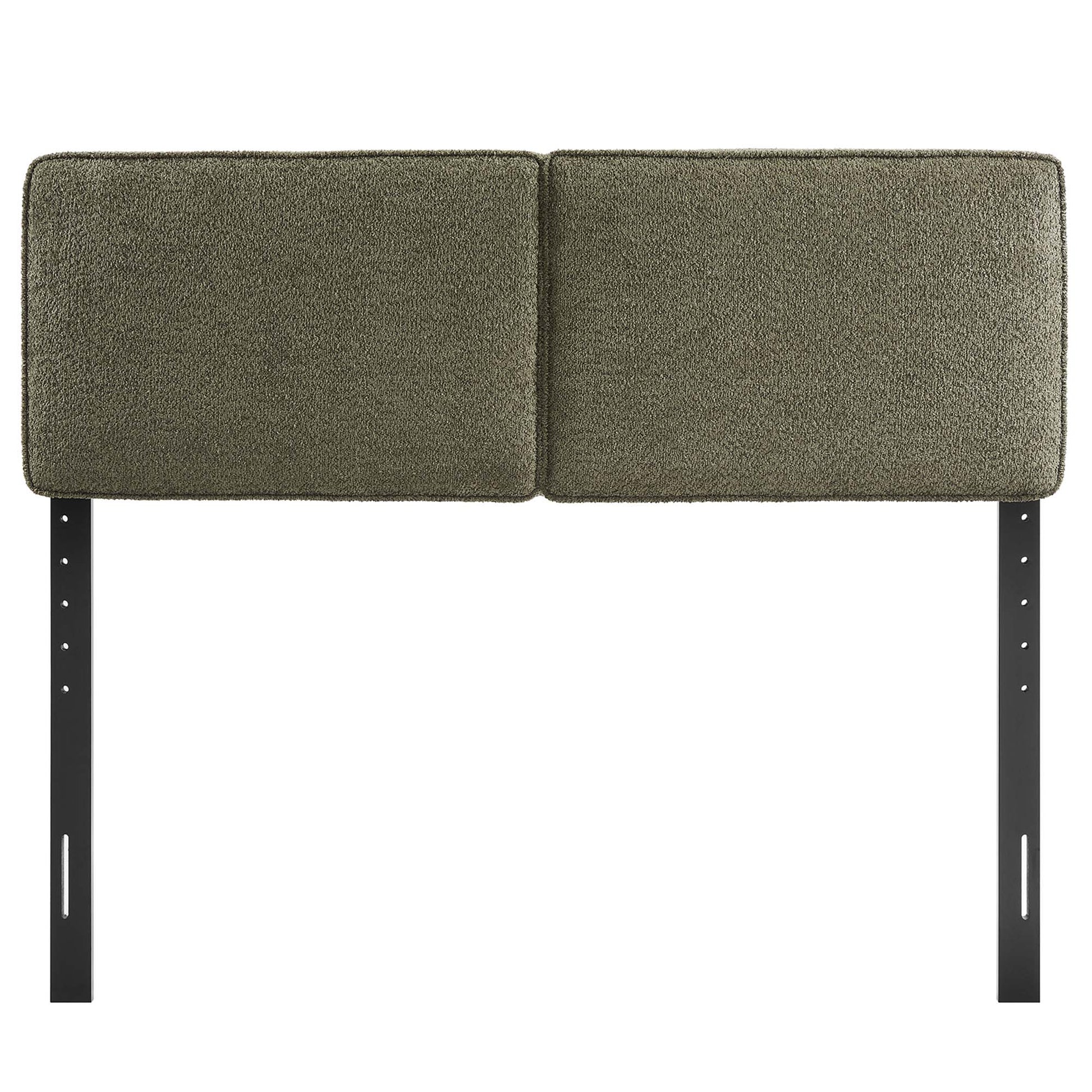 Olive green boucle fabric queen headboard.