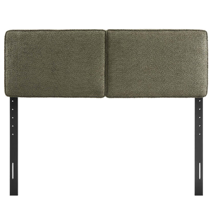 Olive green boucle fabric queen headboard.