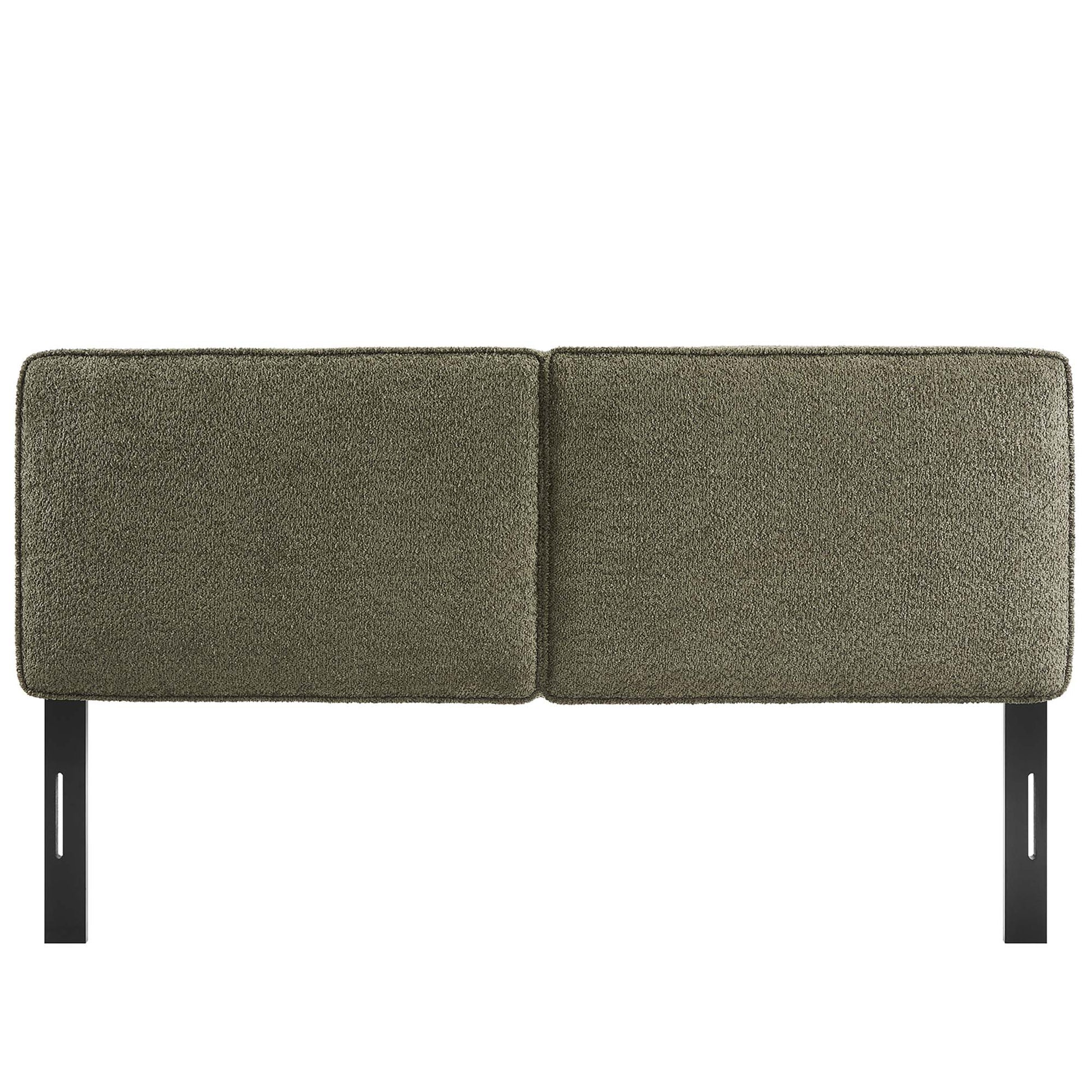Olive sage green boucle fabric queen headboard, textured upholstered panel.