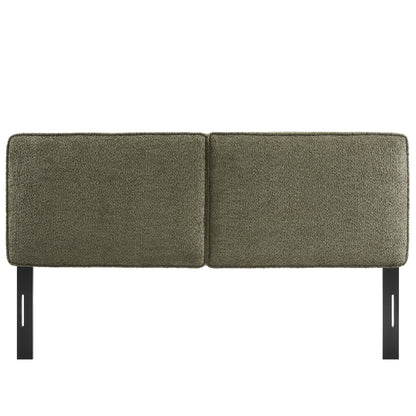 Olive sage green boucle fabric queen headboard, textured upholstered panel.