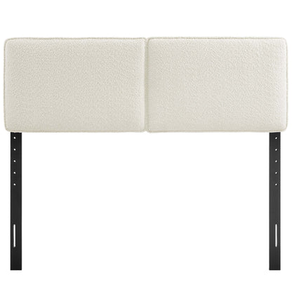 Yellow boucle fabric padded king headboard with two square panels and black metal mounting posts, modern minimalist bedroom headboard.