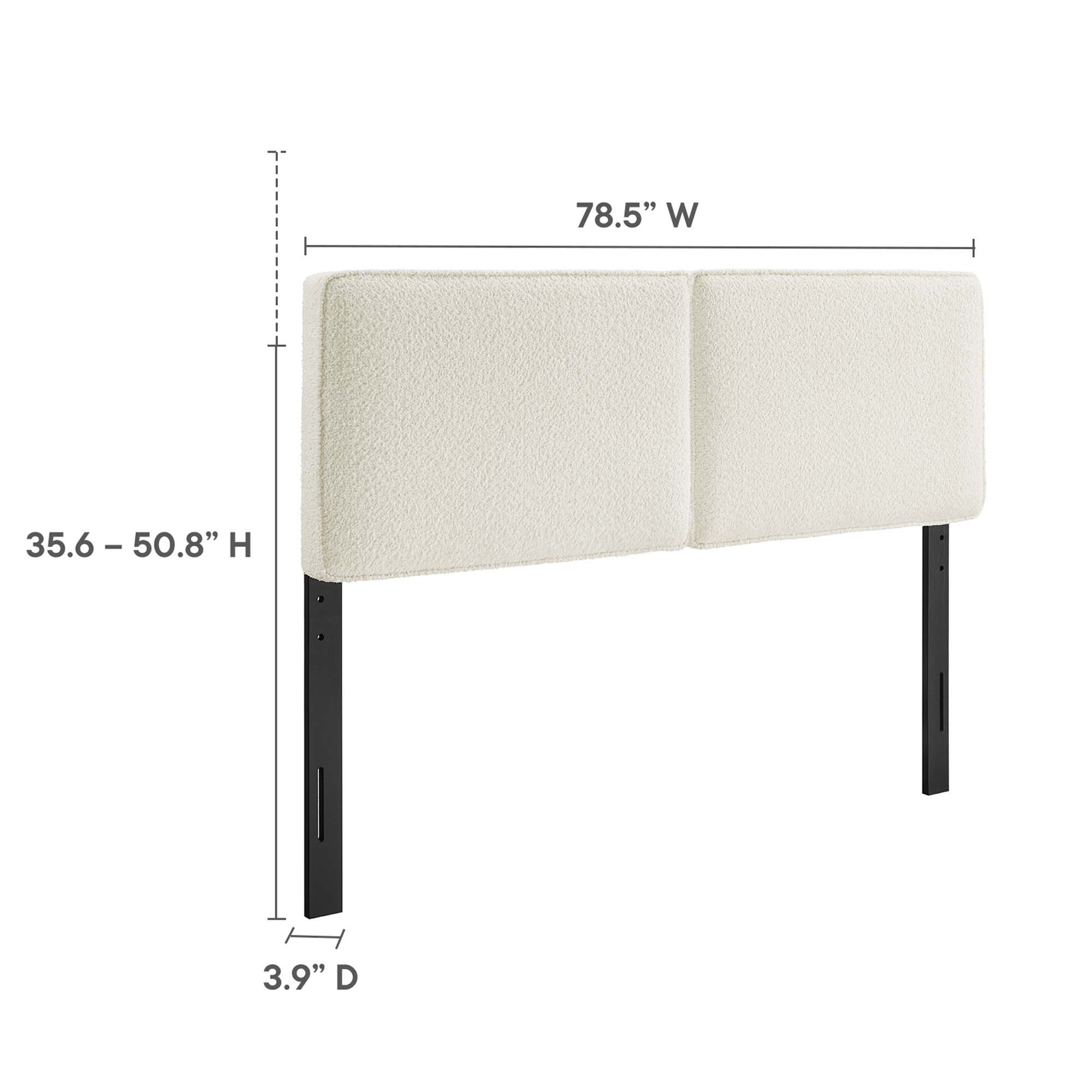 Yellow boucle fabric king headboard on black metal legs; upholstered; adjustable height; 78.5 inches wide.