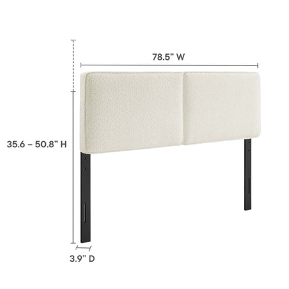Yellow boucle fabric king headboard on black metal legs; upholstered; adjustable height; 78.5 inches wide.