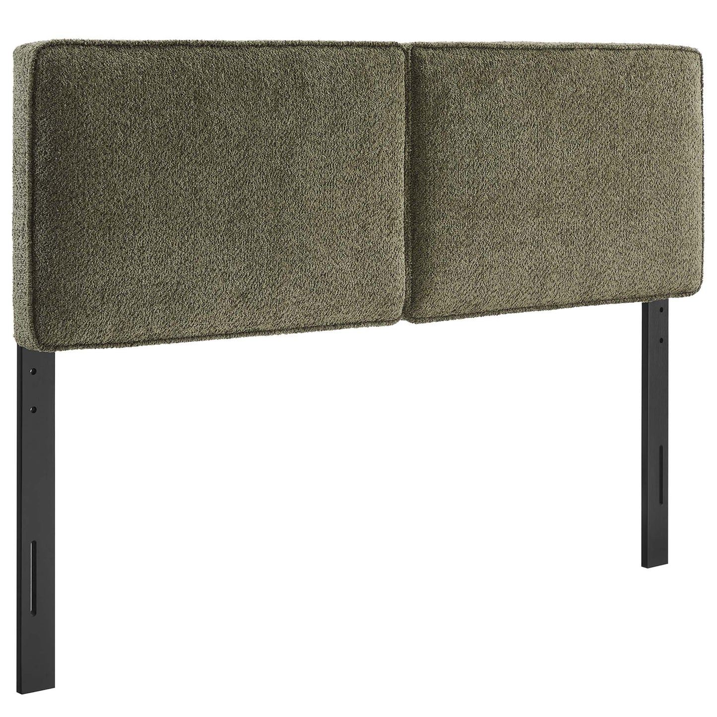 Sage green boucle upholstered king headboard with black metal legs.